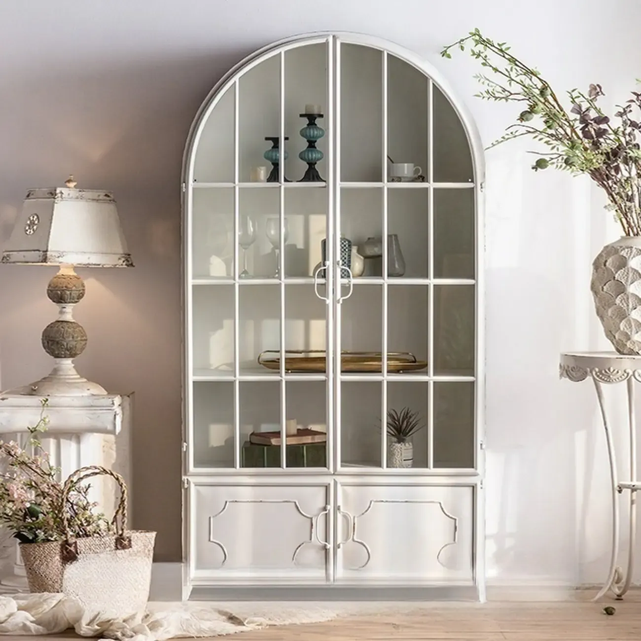 Vintage Wood and Metal Curved Display Cabinet for Living Room Image - 2