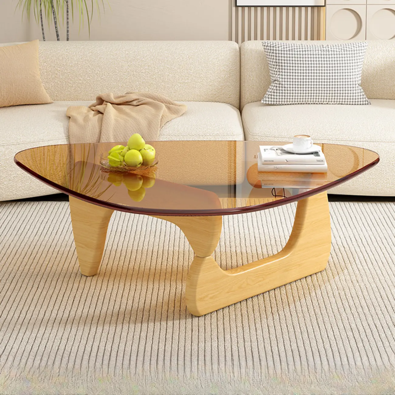 Triangular Glass Top Modern Wood Base Coffee Table Image - 16 | homeyfad