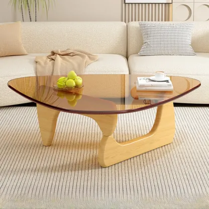 Triangular Glass Top Modern Wood Base Coffee Table Image - 16