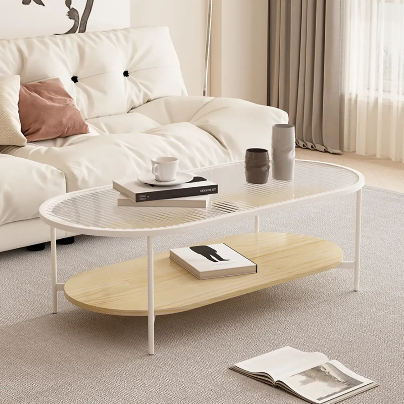2 Tiers Minimalistic Glass White Oval Coffee Table with Shelf Image - 3