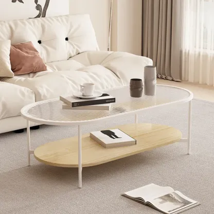 2 Tiers Minimalistic Glass White Oval Coffee Table with Shelf Image - 3