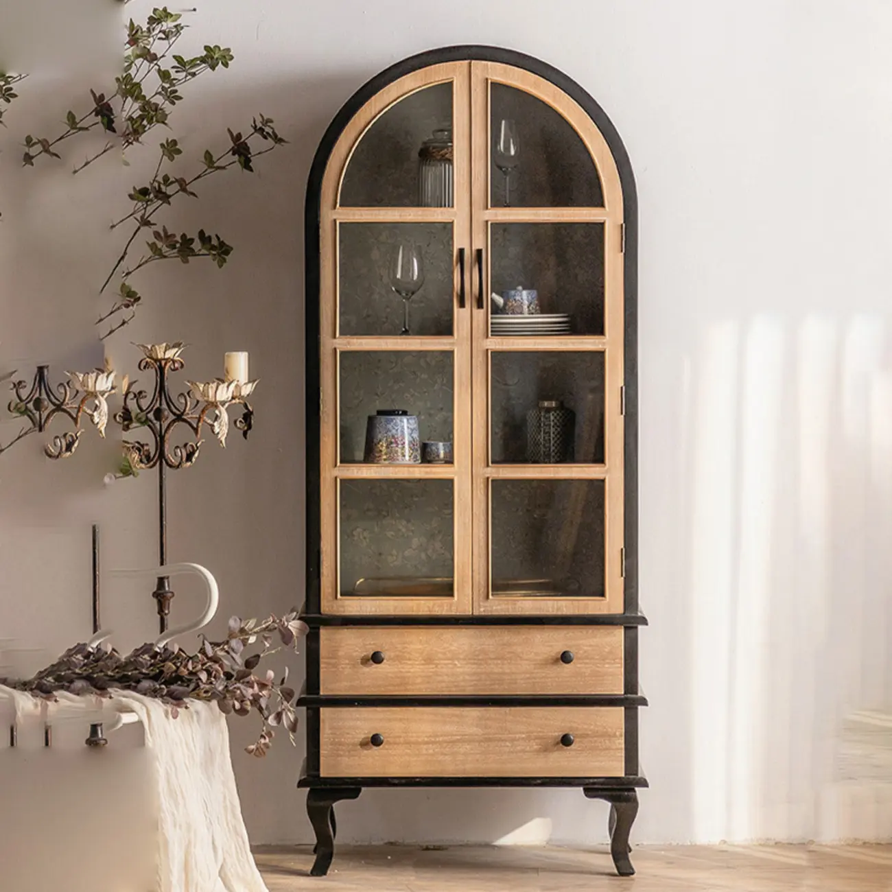 Vintage Wood and Metal Curved Display Cabinet for Living Room Image - 3 | homeyfad