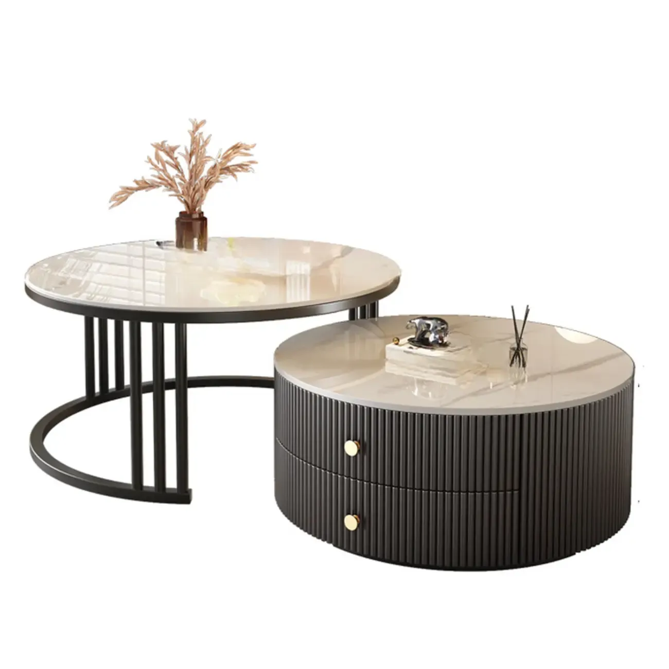 Modern White Round Nesting Coffee Table Set with Steel Base Image - 12