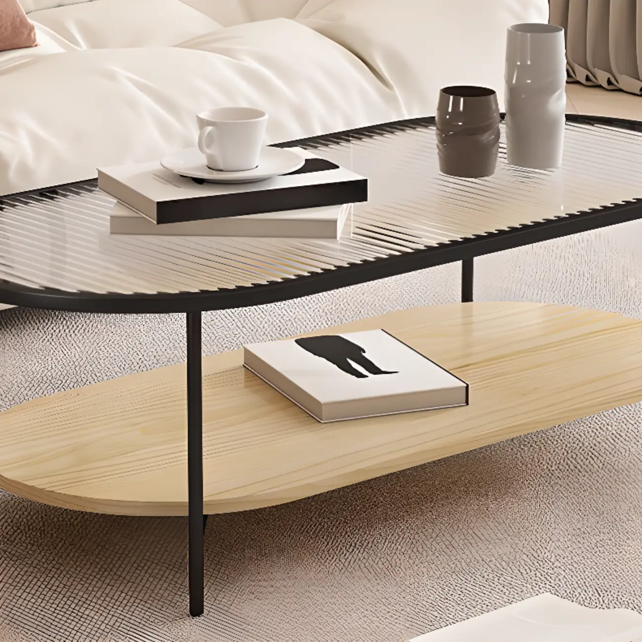 2 Tiers Minimalistic Glass White Oval Coffee Table with Shelf Image - 4 | homeyfad