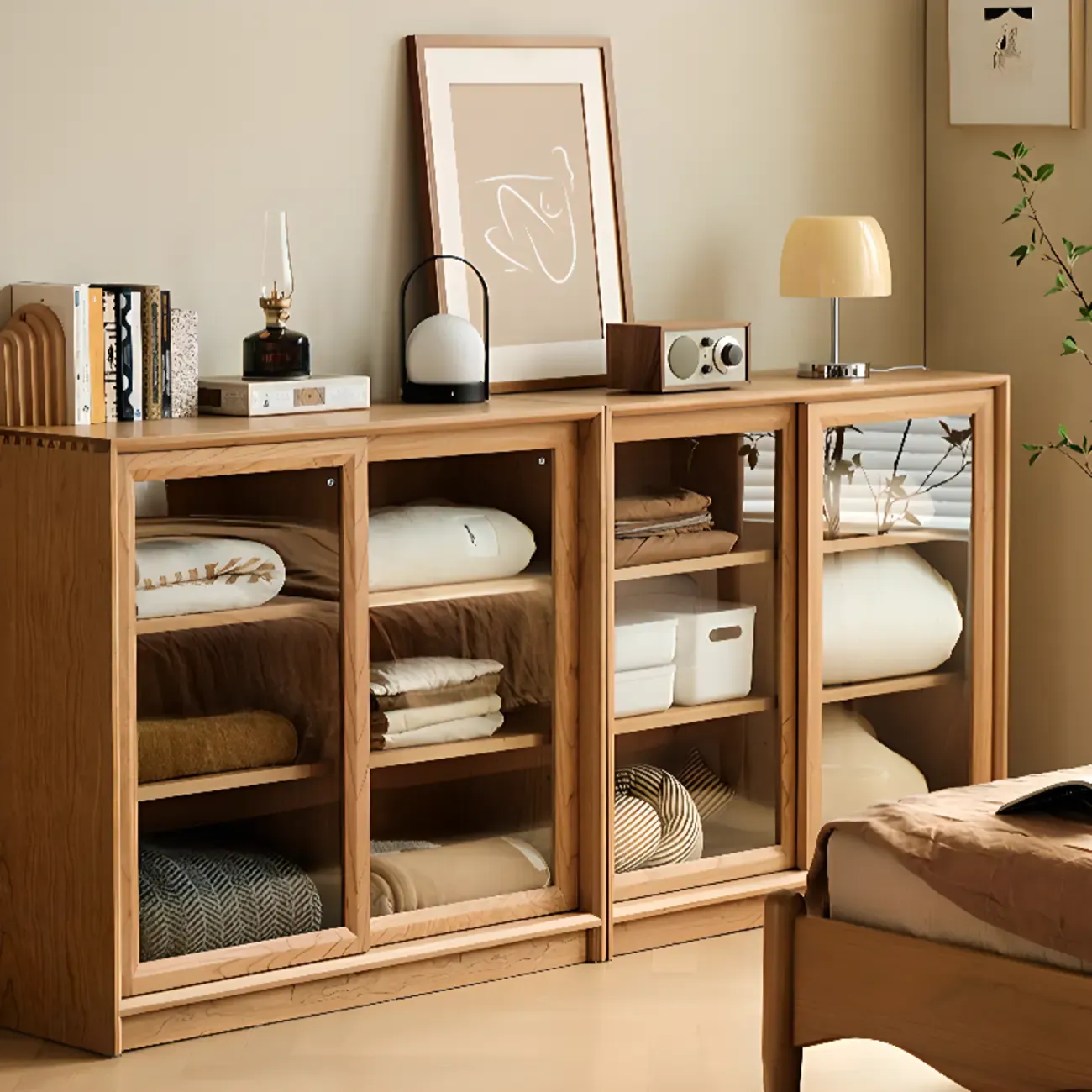 Classic Wooden Display Cabinet with Glass Doors for Living Room Image - 1