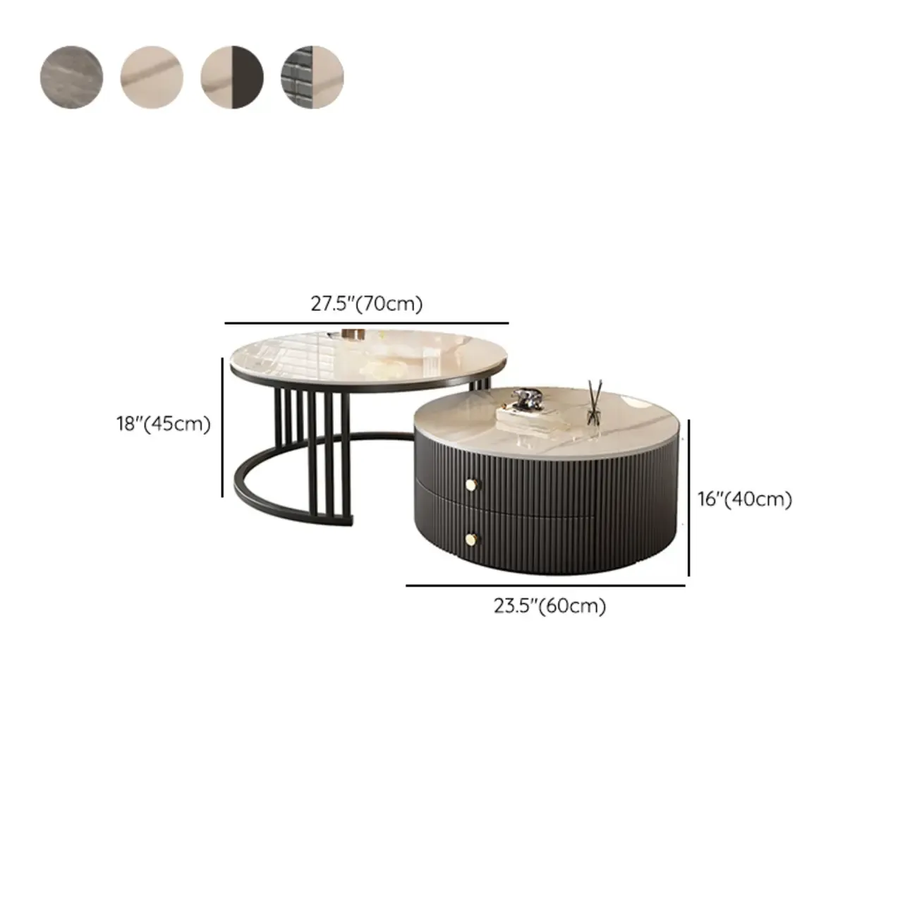 Modern White Round Nesting Coffee Table Set with Steel Base #size