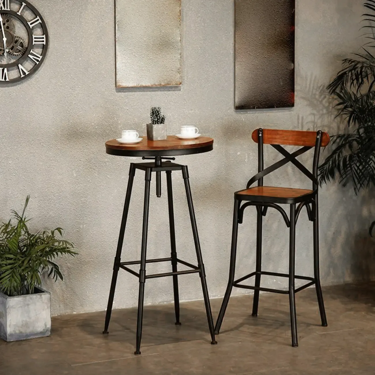 Rustic Wooden Adjustable Pub Bar Table with Metal Footrest Image - 1