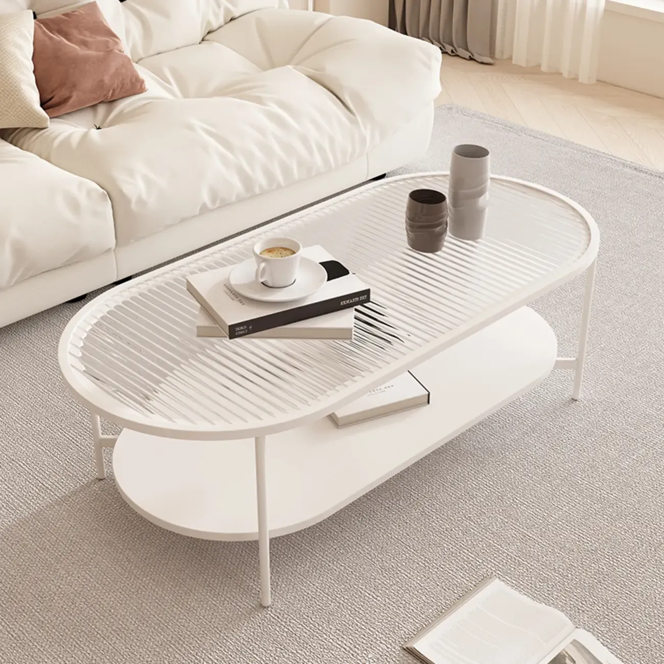 2 Tiers Minimalistic Glass White Oval Coffee Table with Shelf Image - 5