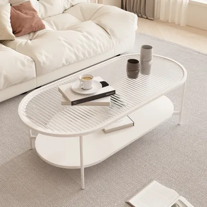 2 Tiers Minimalistic Glass White Oval Coffee Table with Shelf Image - 5