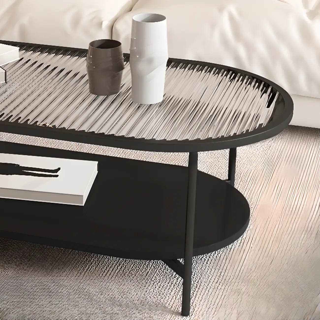 2 Tiers Minimalistic Glass White Oval Coffee Table with Shelf Image - 6