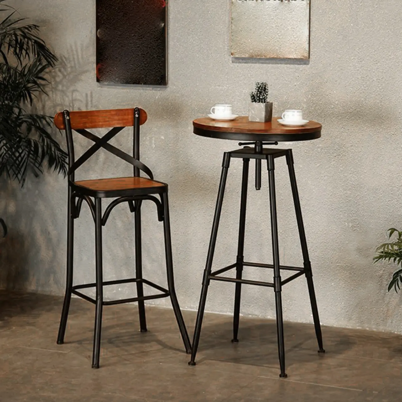 Rustic Wooden Adjustable Pub Bar Table with Metal Footrest Image - 2 | homeyfad