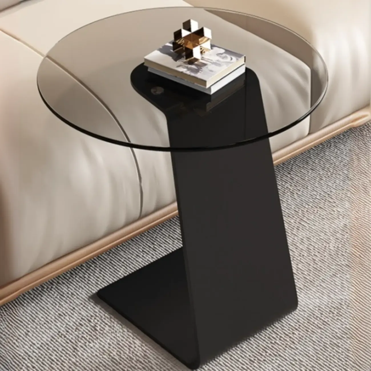 C-Shaped Glass Round End Table for Living Room Image - 4