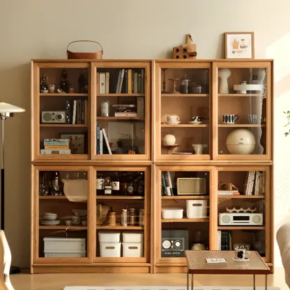 Classic Wooden Display Cabinet with Glass Doors for Living Room Image - 3