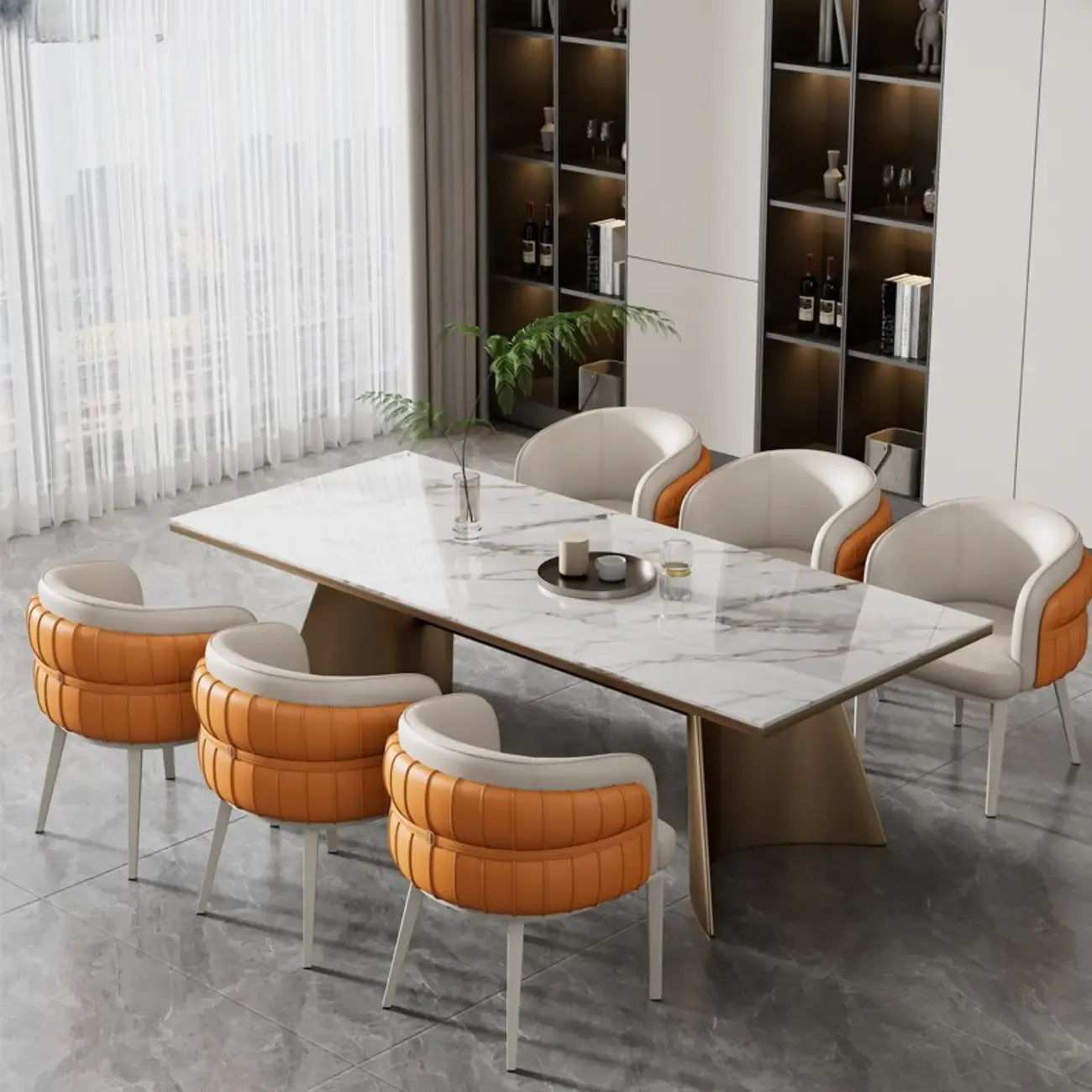 Modern Sloped Arm Solid Back Faux Leather Dining Chair Image - 4