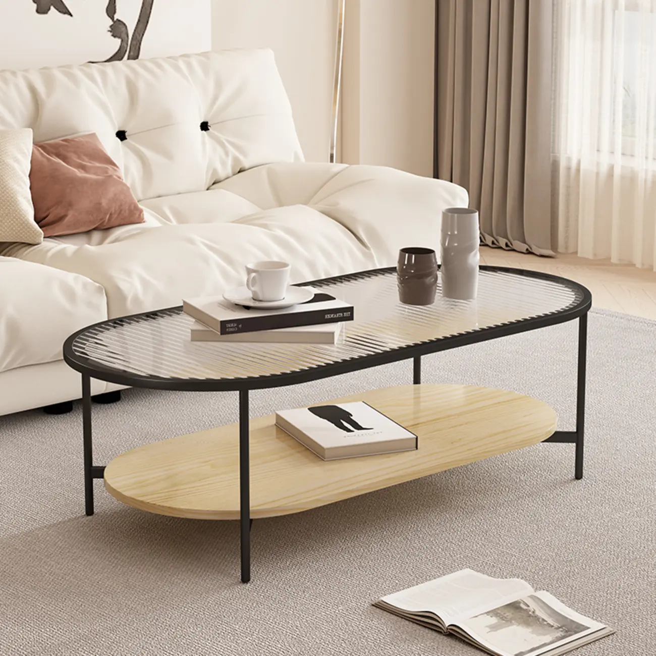 2 Tiers Minimalistic Glass White Oval Coffee Table with Shelf Image - 7 | homeyfad