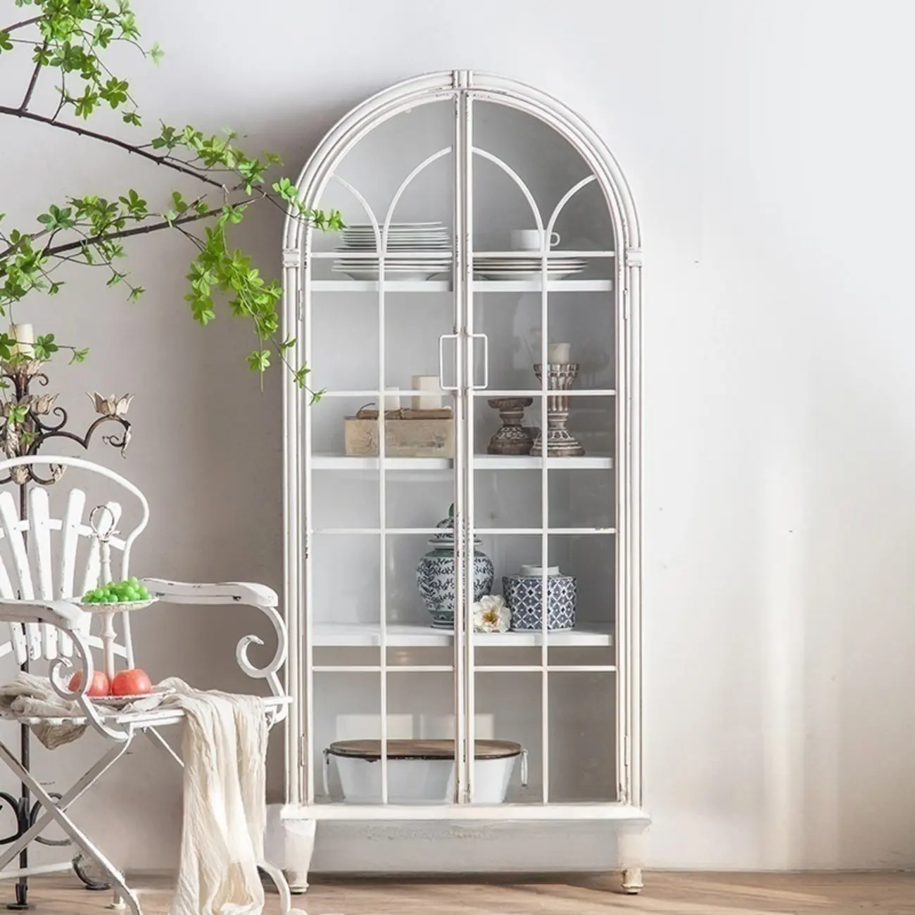 Vintage Wood and Metal Curved Display Cabinet for Living Room Image - 8 | homeyfad