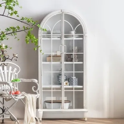 Vintage Wood and Metal Curved Display Cabinet for Living Room Image - 8