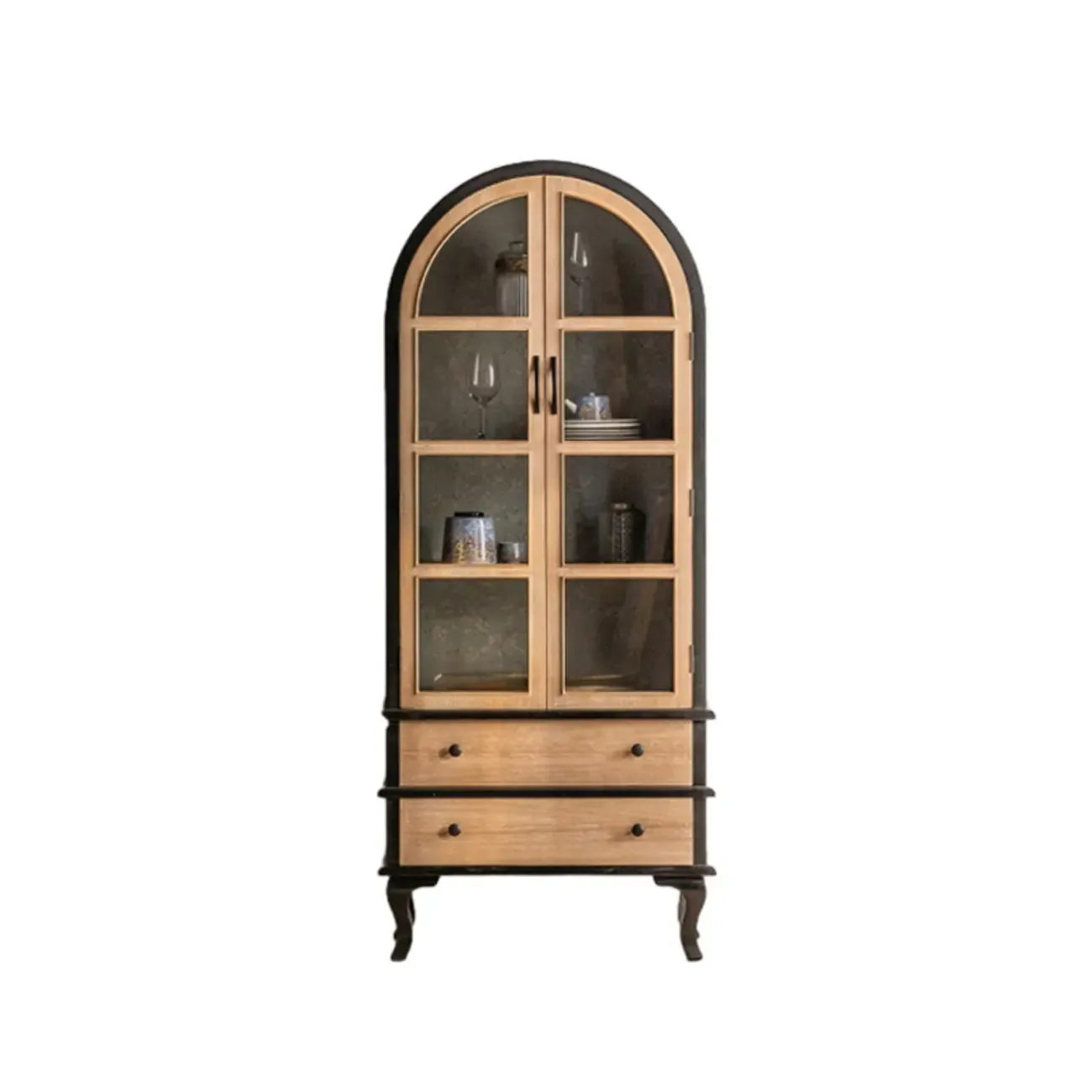 Vintage Wood and Metal Curved Display Cabinet for Living Room Image - 9
