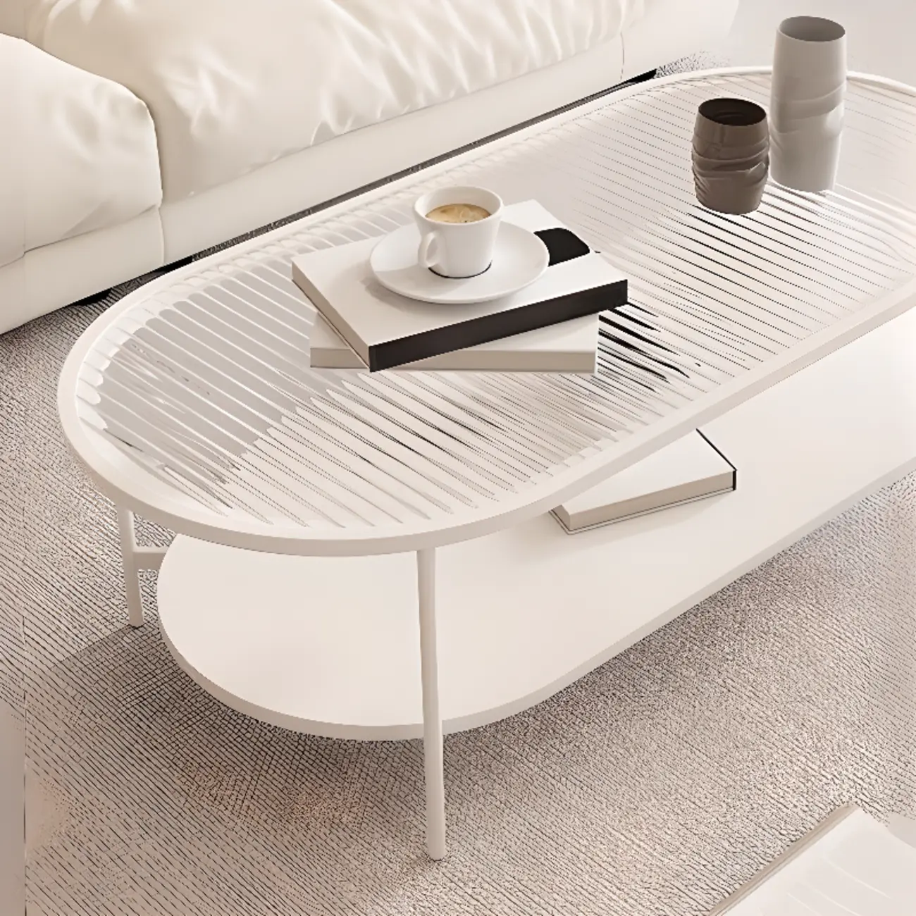 2 Tiers Minimalistic Glass White Oval Coffee Table with Shelf Image - 8 | homeyfad