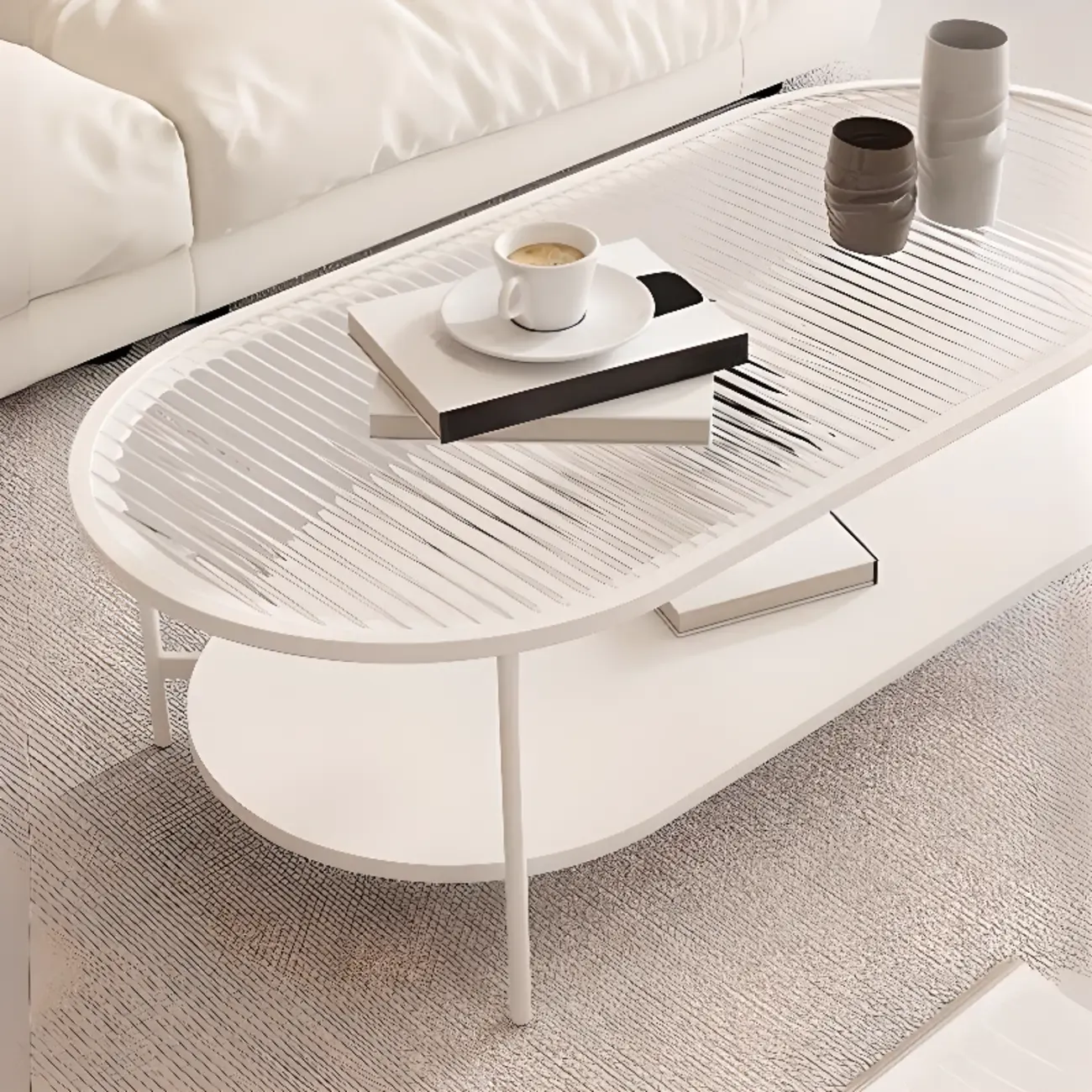 2 Tiers Minimalistic Glass White Oval Coffee Table with Shelf Image - 8