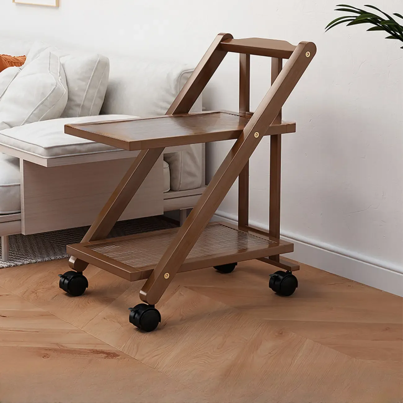 2-Tier Rectangle Plastic Folding Side Table with Wheels Image - 13