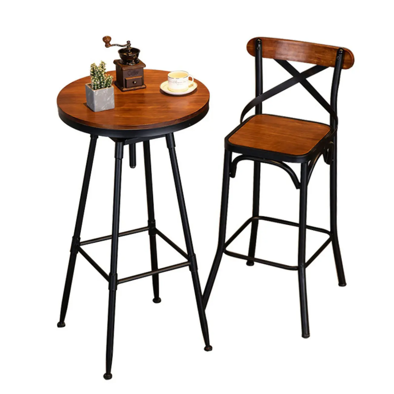 Rustic Wooden Adjustable Pub Bar Table with Metal Footrest Image - 5 | homeyfad
