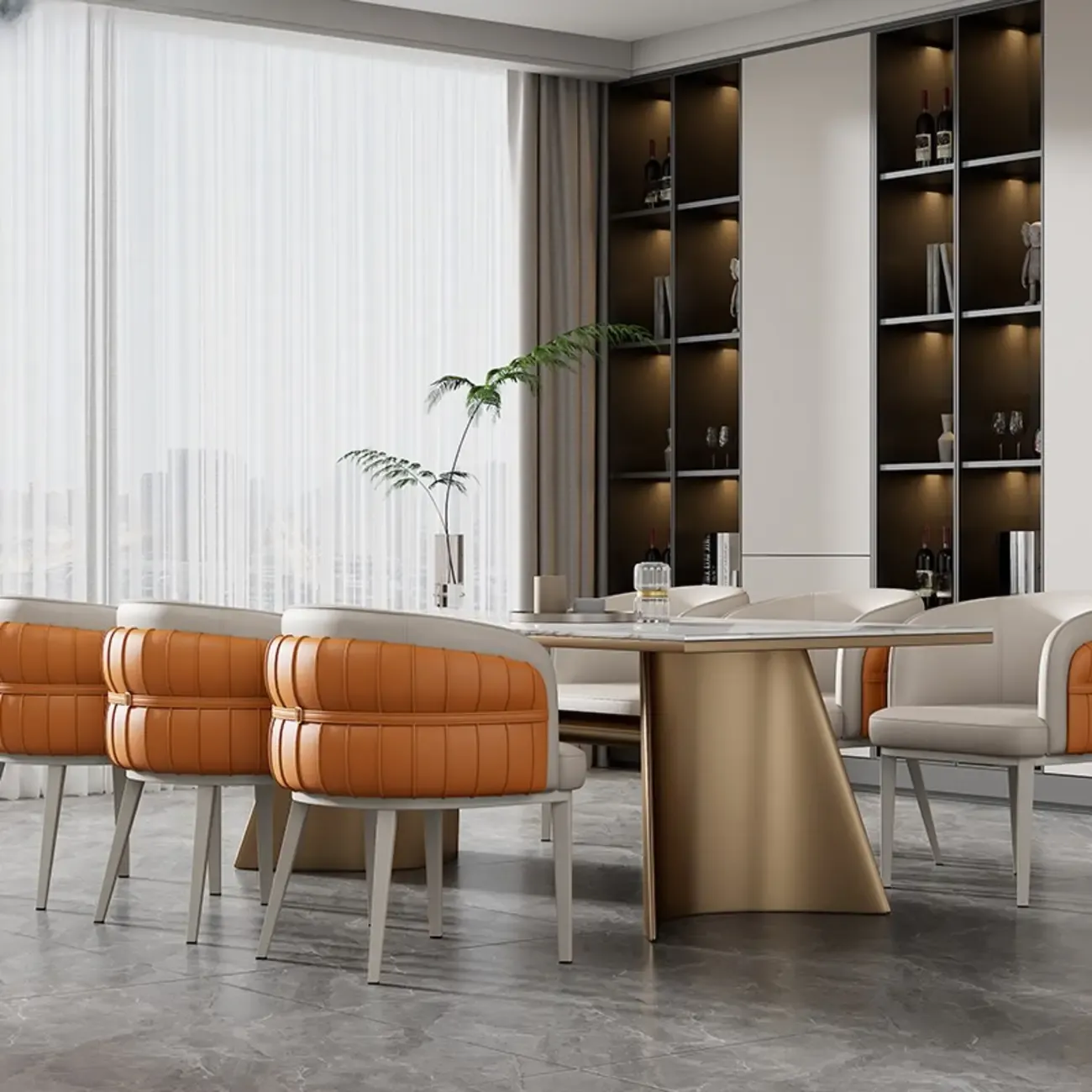 Modern Sloped Arm Solid Back Faux Leather Dining Chair Image - 6