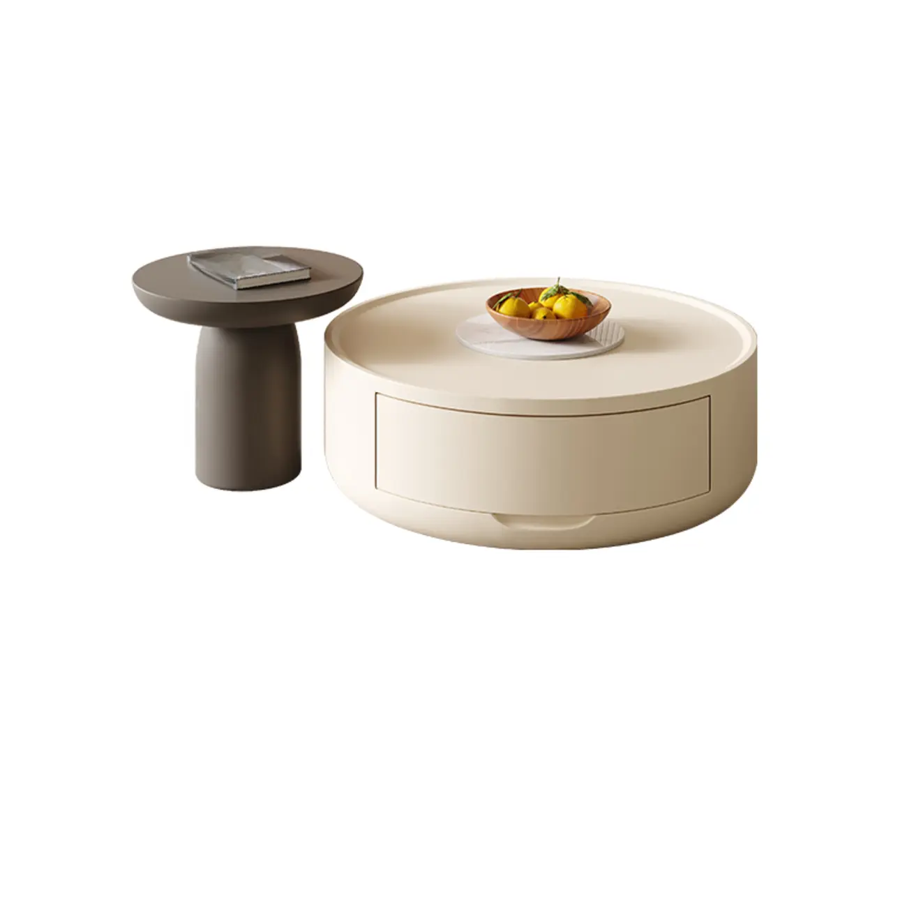 Modern White Round Coffee Table with Wood Base & Tray Top Image - 2 | homeyfad