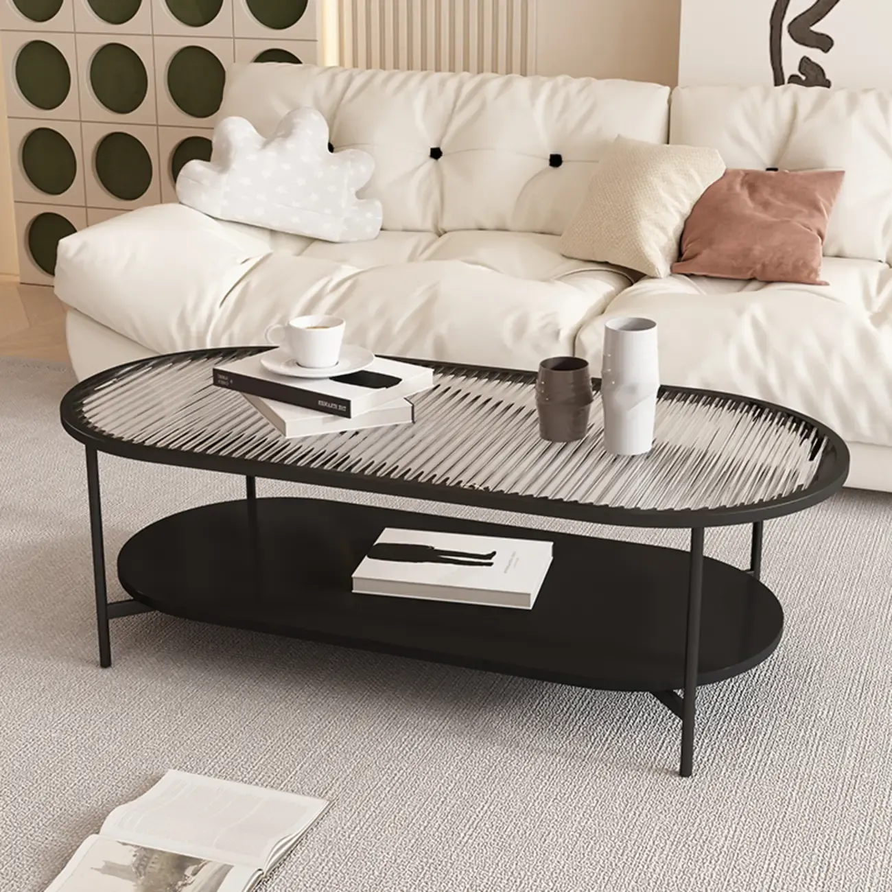 2 Tiers Minimalistic Glass White Oval Coffee Table with Shelf Image - 9