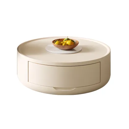 Modern White Round Coffee Table with Wood Base & Tray Top Image - 3