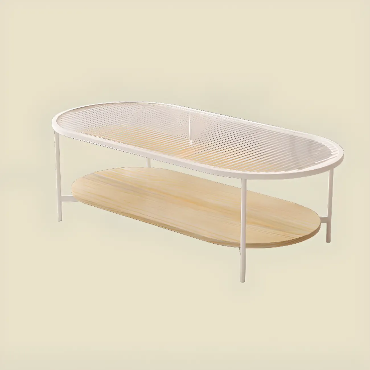 2 Tiers Minimalistic Glass White Oval Coffee Table with Shelf Image - 10