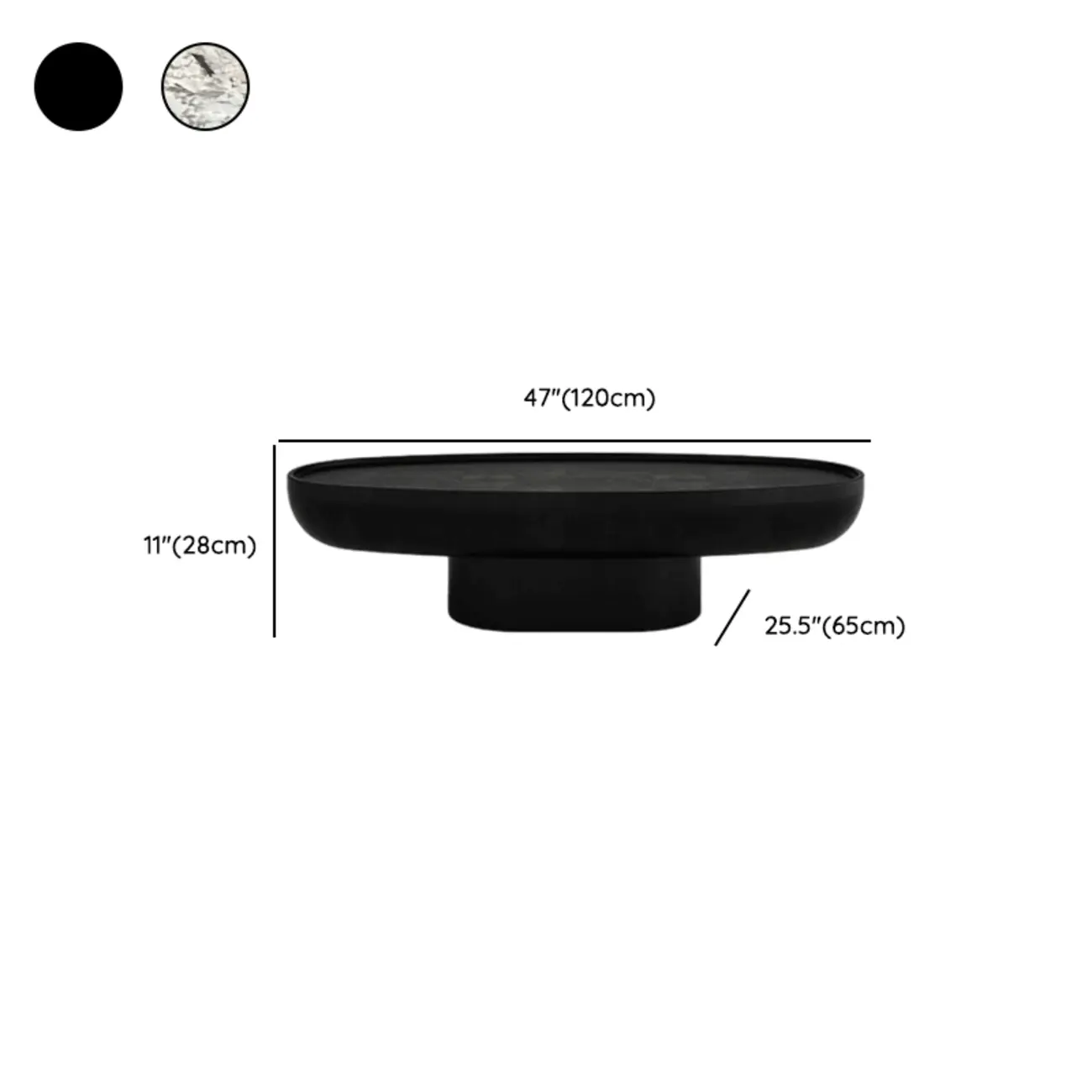Modern Black Round Fiberglass Coffee Table with Tray Top #size