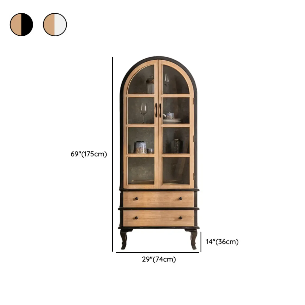 Vintage Wood and Metal Curved Display Cabinet for Living Room #size