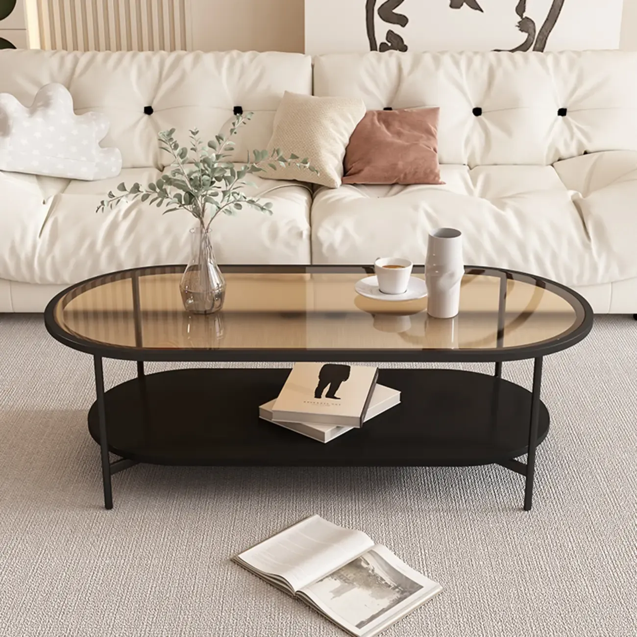2 Tiers Minimalistic Glass White Oval Coffee Table with Shelf Image - 11