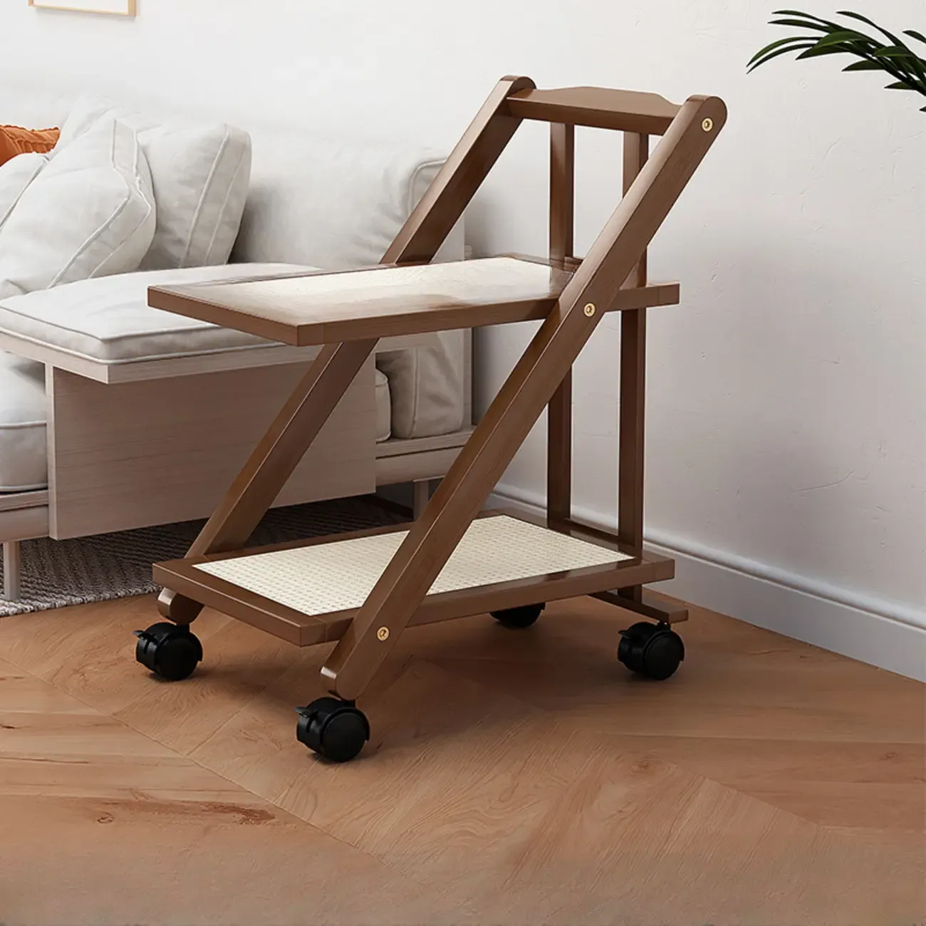 2-Tier Rectangle Plastic Folding Side Table with Wheels Image - 16