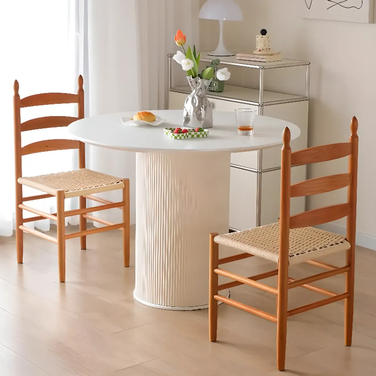Nordic Woven Seat Armless Ladder Back Wooden Dining Chair Image - 1