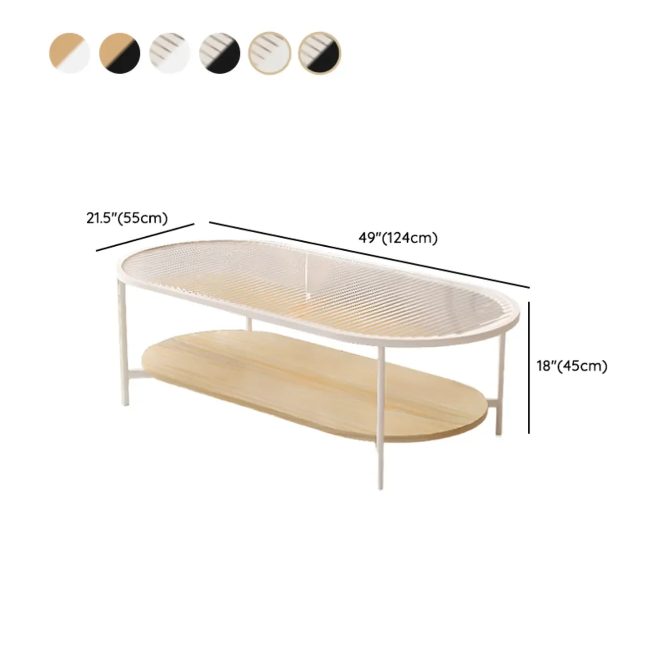 2 Tiers Minimalistic Glass White Oval Coffee Table with Shelf #size