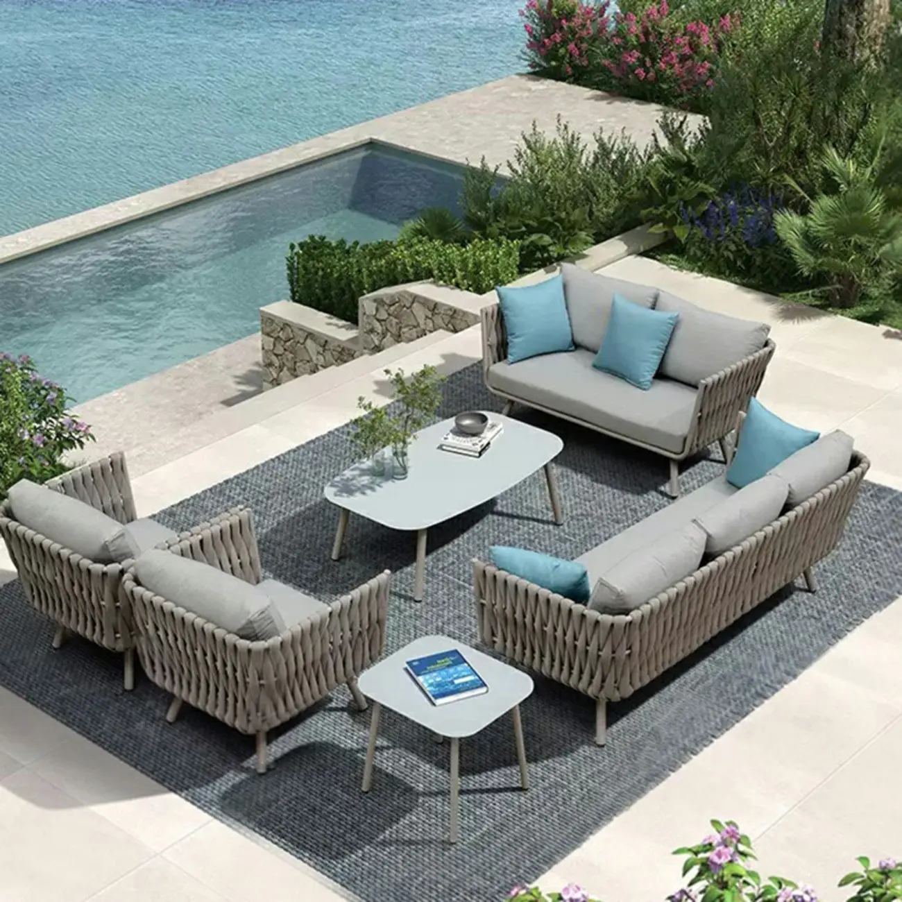 Modern Grey Rope Patio Sofa Set Waterproof with Cushions Image - 1 | homeyfad