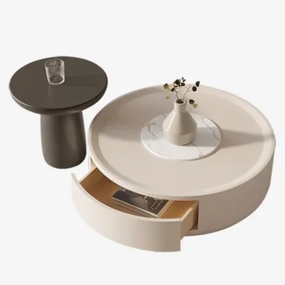 Modern White Round Coffee Table with Wood Base & Tray Top Image - 7