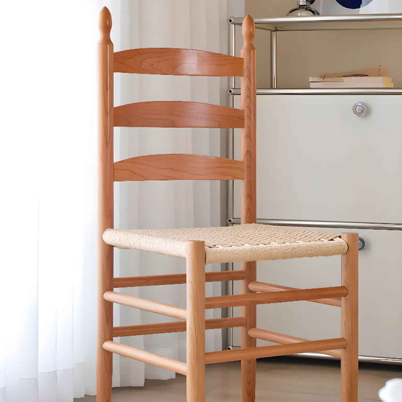 Nordic Woven Seat Armless Ladder Back Wooden Dining Chair Image - 4 | homeyfad
