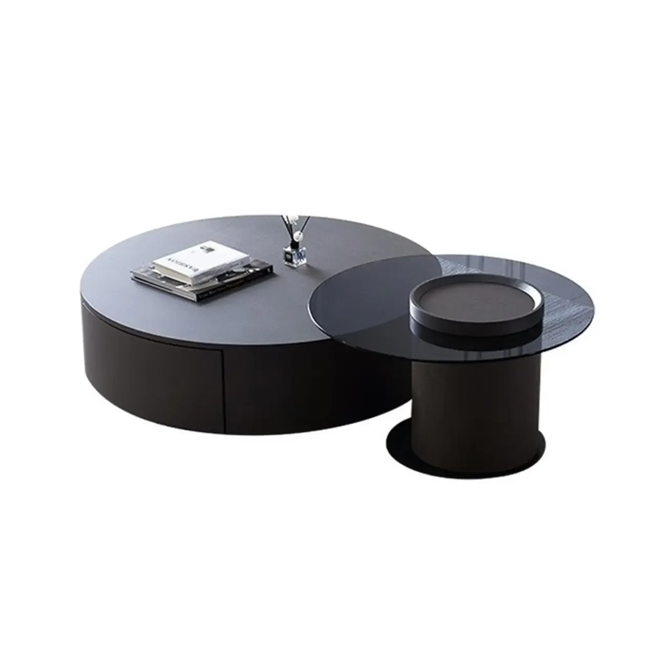  Modern Black Round Top Nesting Coffee Table with Storage Image - 5