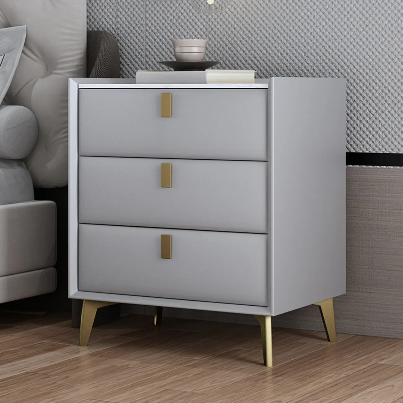 Modern Gray Bedside Table with Stone Countertop 3 Drawers Image - 2 | homeyfad