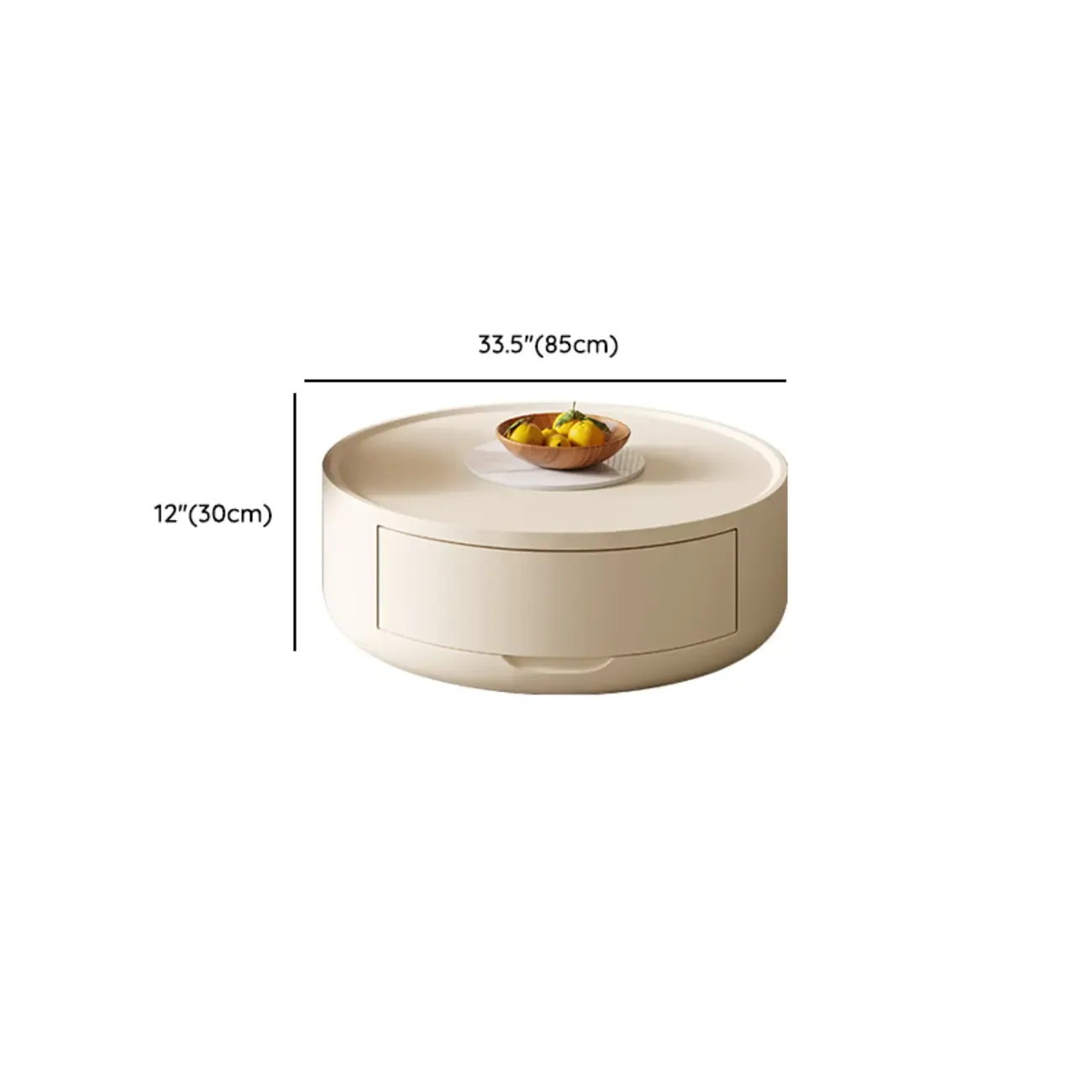 Modern White Round Coffee Table with Wood Base & Tray Top #size