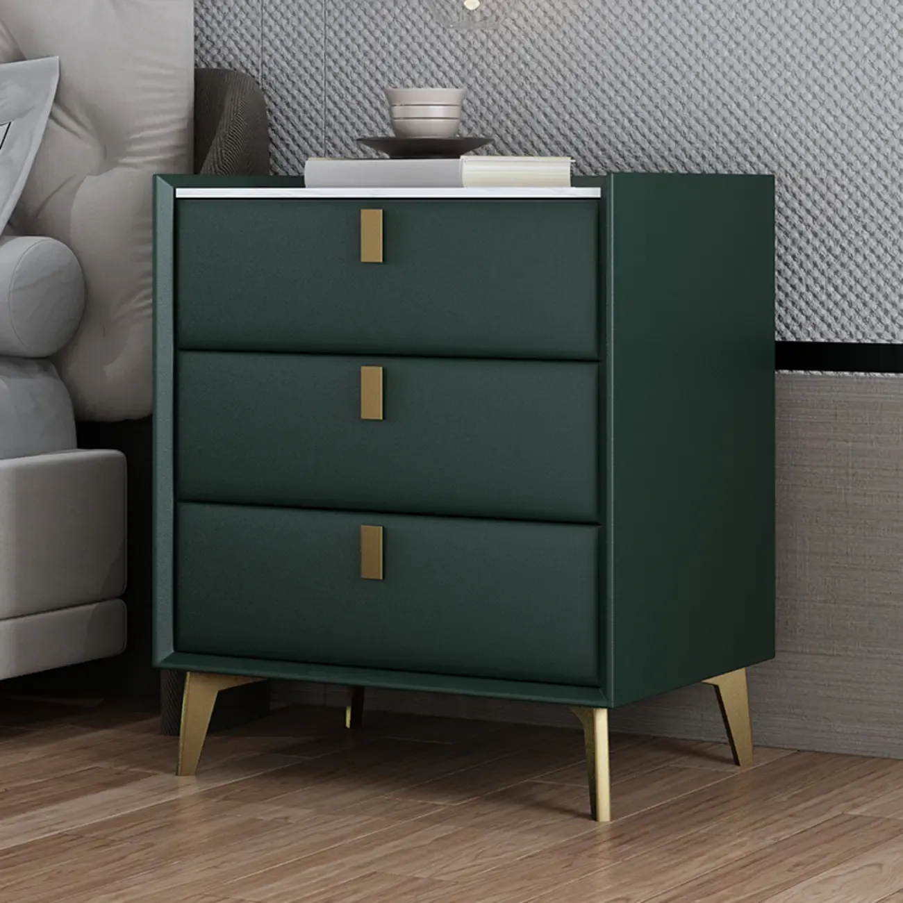Modern Gray Bedside Table with Stone Countertop 3 Drawers Image - 3