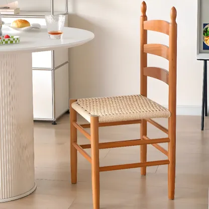 Nordic Woven Seat Armless Ladder Back Wooden Dining Chair Image - 6