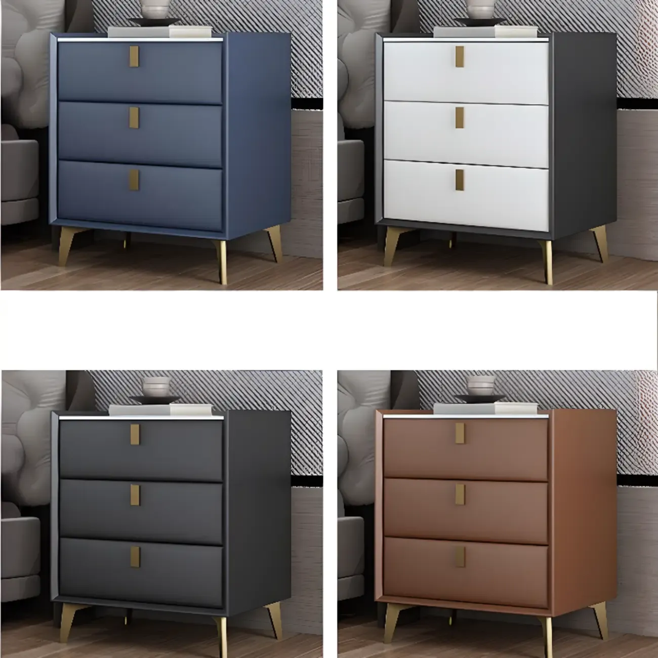 Modern Gray Bedside Table with Stone Countertop 3 Drawers Image - 4