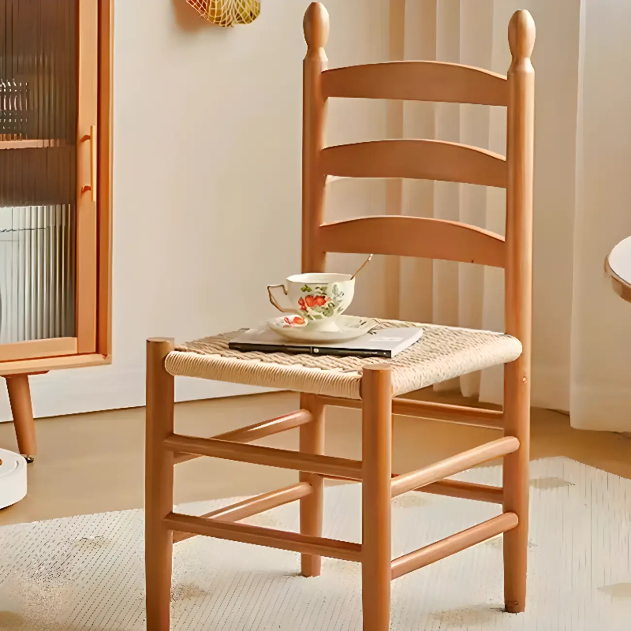 Nordic Woven Seat Armless Ladder Back Wooden Dining Chair Image - 8 | homeyfad