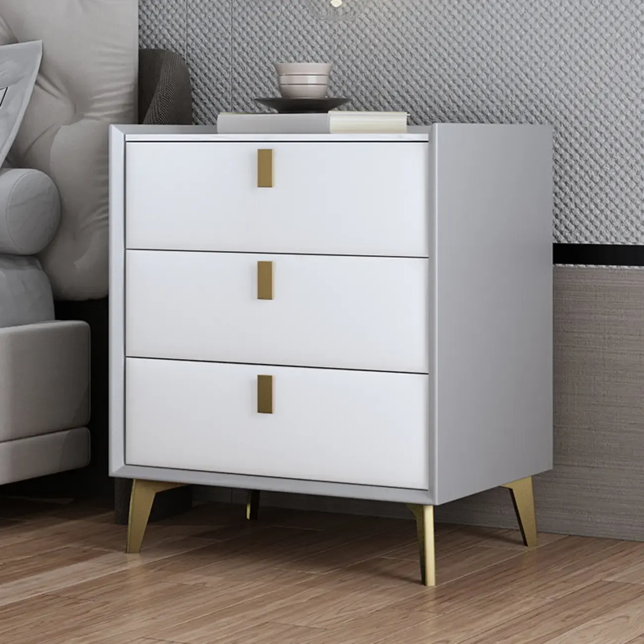 Modern Gray Bedside Table with Stone Countertop 3 Drawers Image - 5