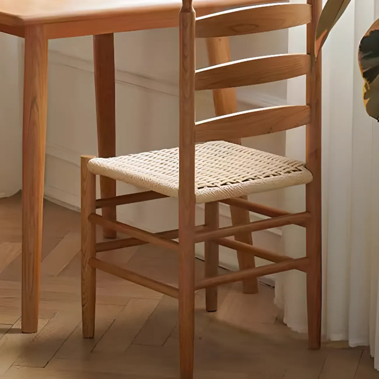 Nordic Woven Seat Armless Ladder Back Wooden Dining Chair Image - 9