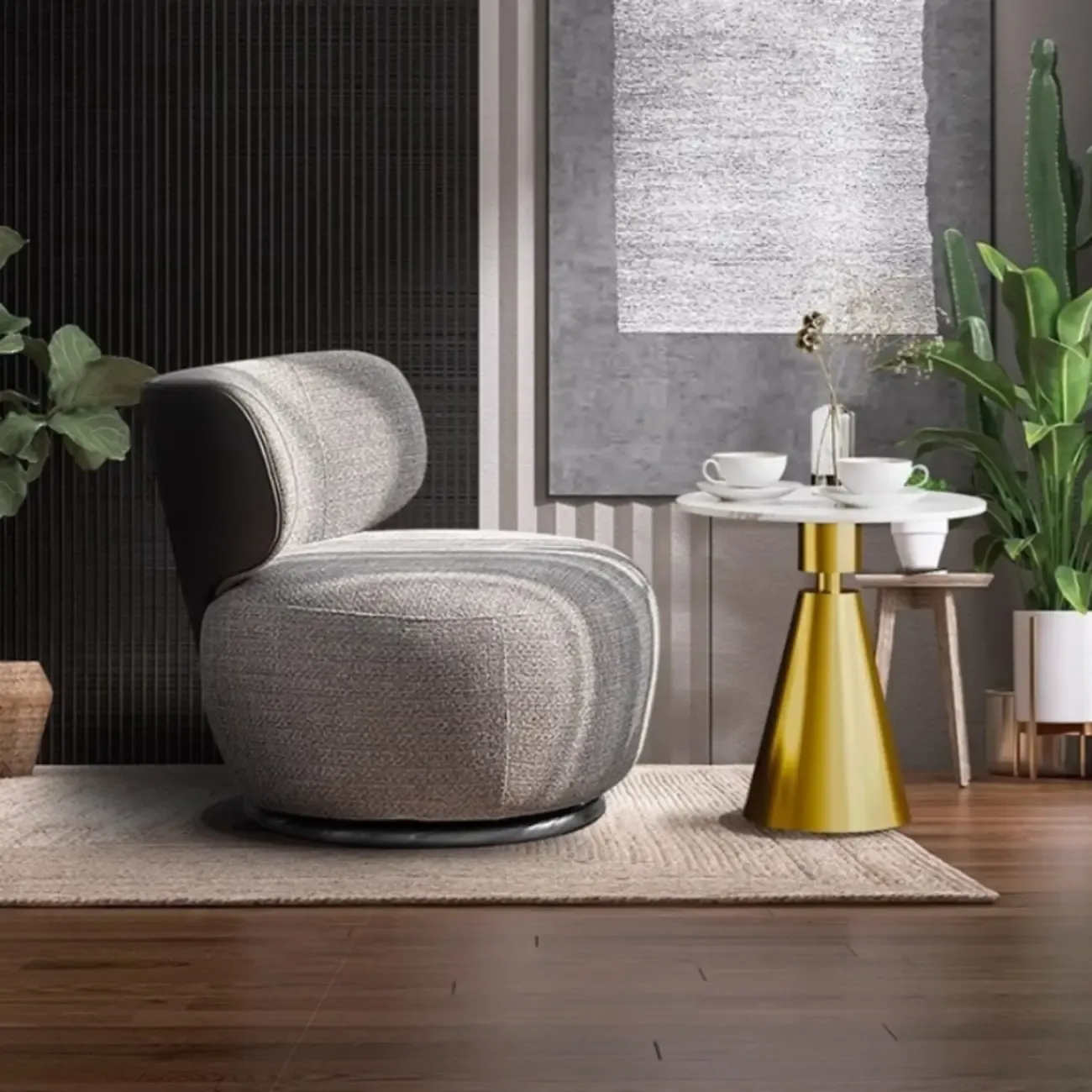 Upholstery Swivel Side Chair in White/Gray for Living Room Image - 5
